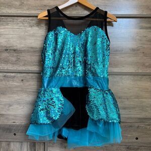A Wish Come True Dance Costume 607 Name in Lights Blue Sequin Black Velvet Mesh